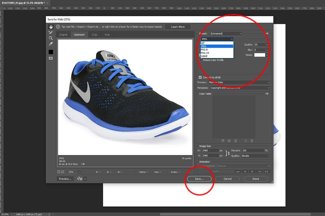 How To Compress An Image with the Photoshop save for web option