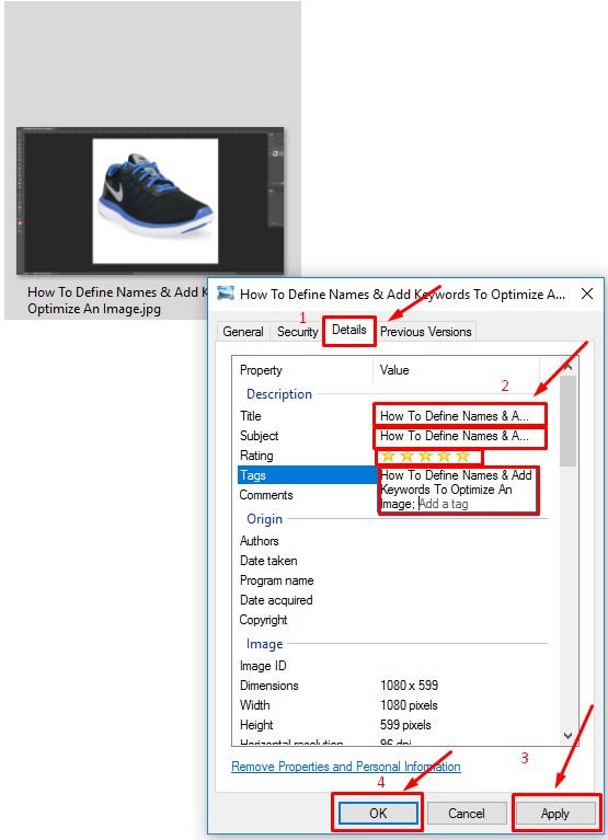 Use the image properties option to add keyword manually without Photoshop skills